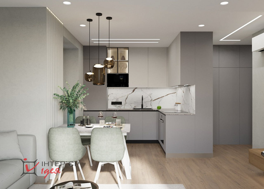 Кухня-гостиная с фисташковым акцентом