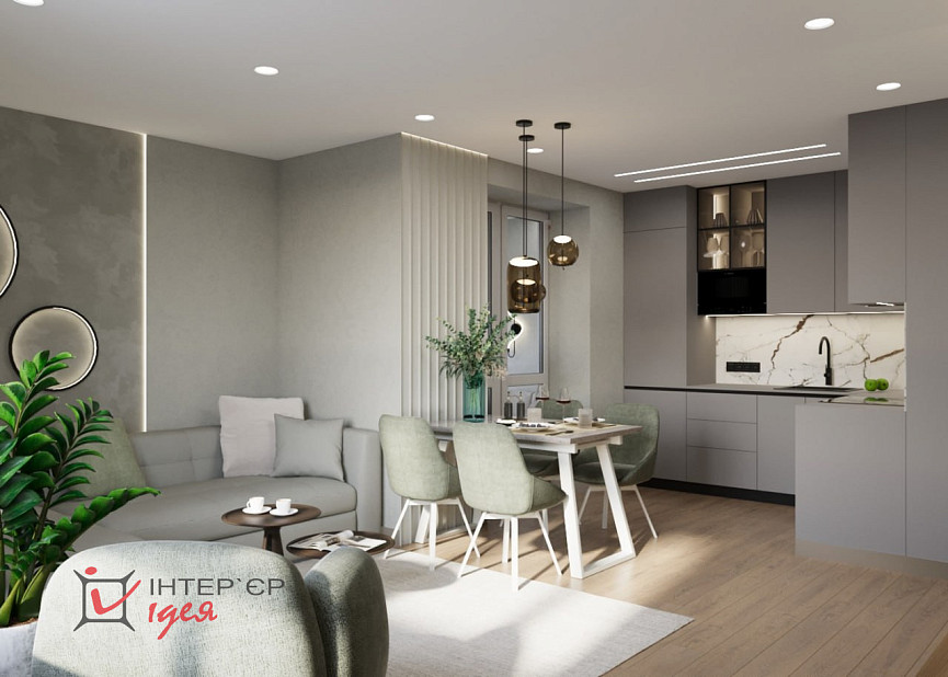 Кухня-гостиная с фисташковым акцентом
