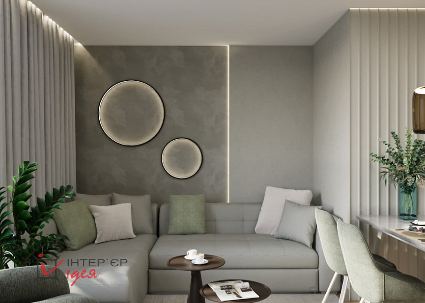 Кухня-гостиная с фисташковым акцентом