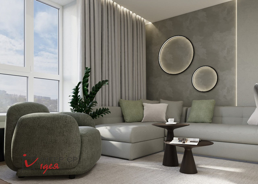 Кухня-гостиная с фисташковым акцентом