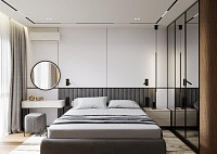 Современный минимализм в спальне 14 м2 с террасой. Дизайн СПАЛЬНИ