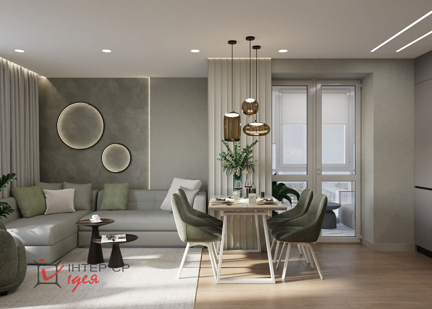 Кухня-гостиная с фисташковым акцентом