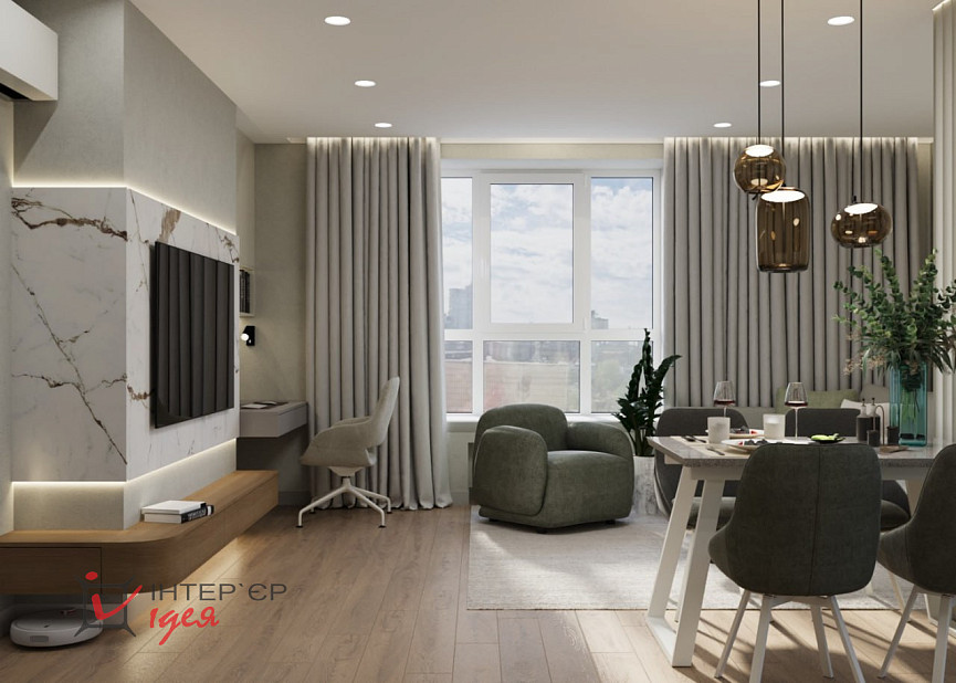 Кухня-гостиная с фисташковым акцентом