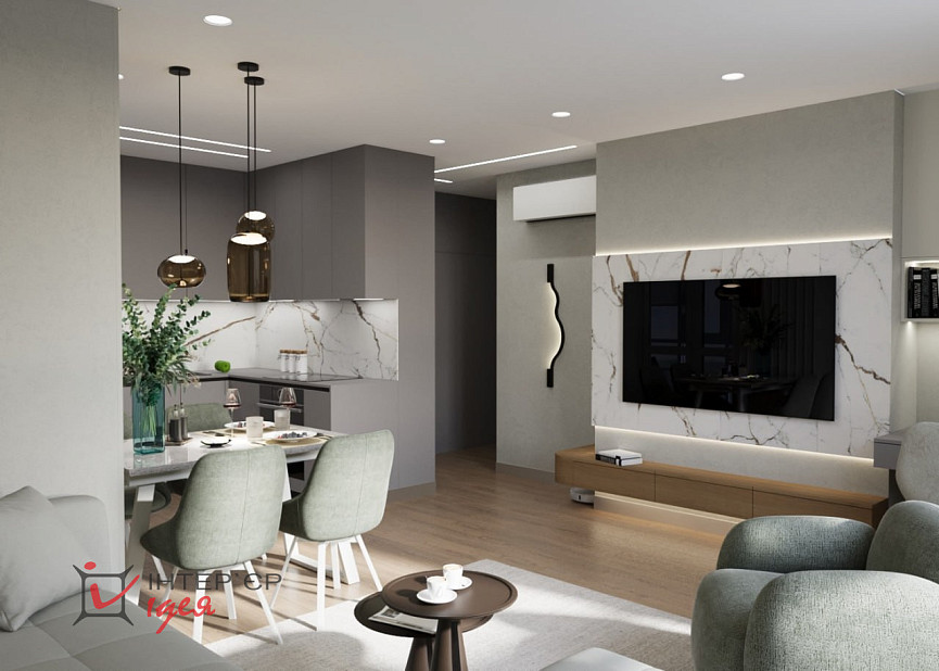 Кухня-гостиная с фисташковым акцентом