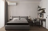 Минималистичная спальня с рабочим местом в ЖК «Парковый квартал». Дизайн СПАЛЬНИ
