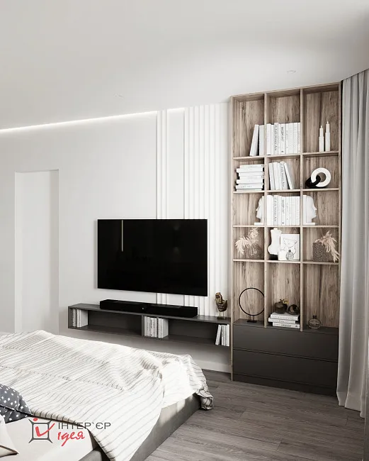 Современный интерьер спальни 14 м2